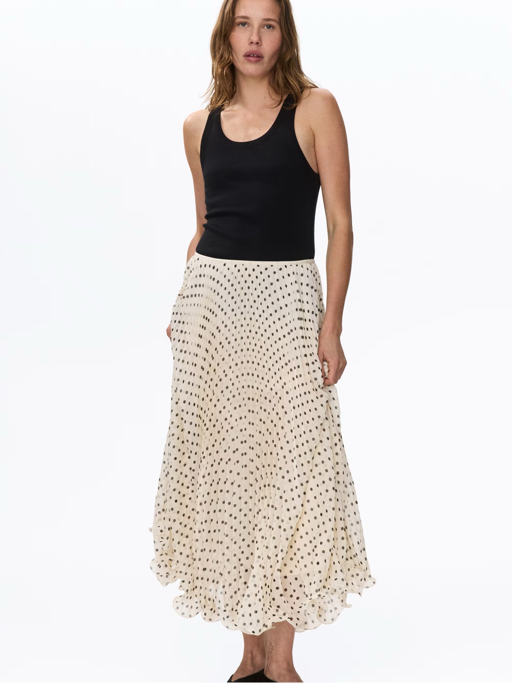 H&M Sheer Pleated Polka Dot Midi Skirt